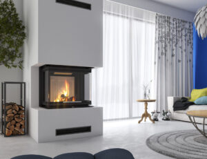 spisinsats kamin vedspis defro megavarme - tresidig inbyggnadskamin med hisslucka och möjlighet för täljsten